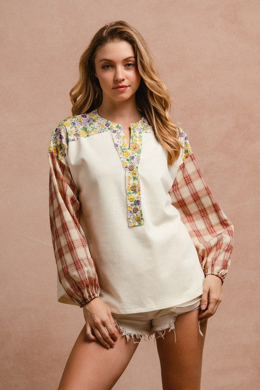 BiBi Floral Notched Plaid Balloon Sleeve Top