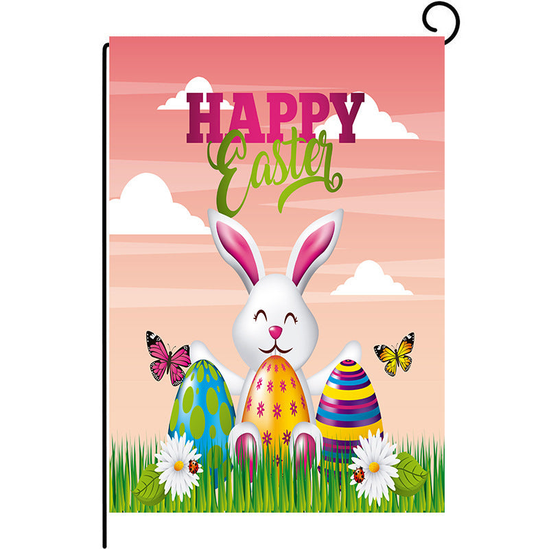 Easter Garden Flag Happy Bunny Egg Flag Double Sided Linen Courtyard Garden Flag