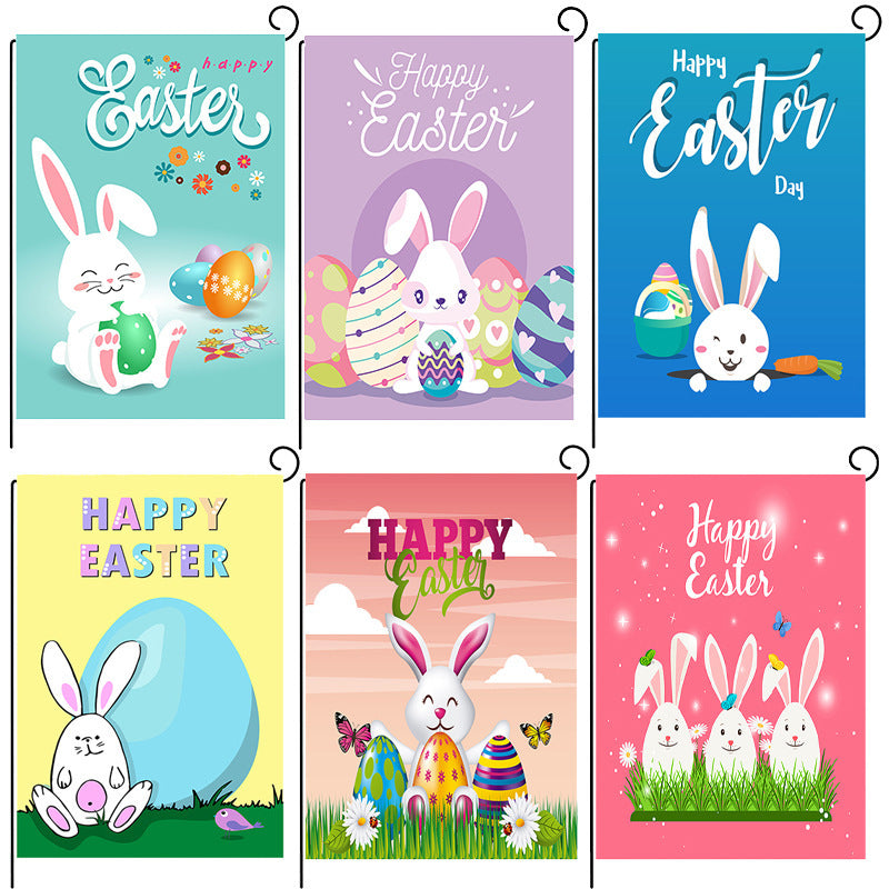 Easter Garden Flag Happy Bunny Egg Flag Double Sided Linen Courtyard Garden Flag