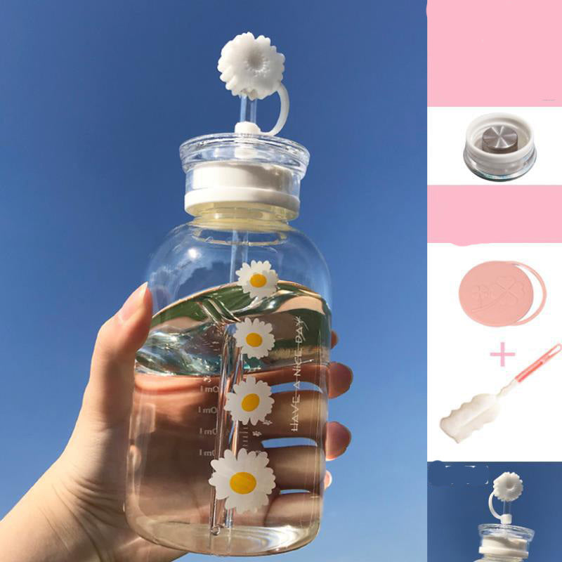 Glass Water Bottle with Straw Creative Daisy Frosted Transparent Cup Leakproof Portable Drinking Bottle with a Sealing Cap Lid