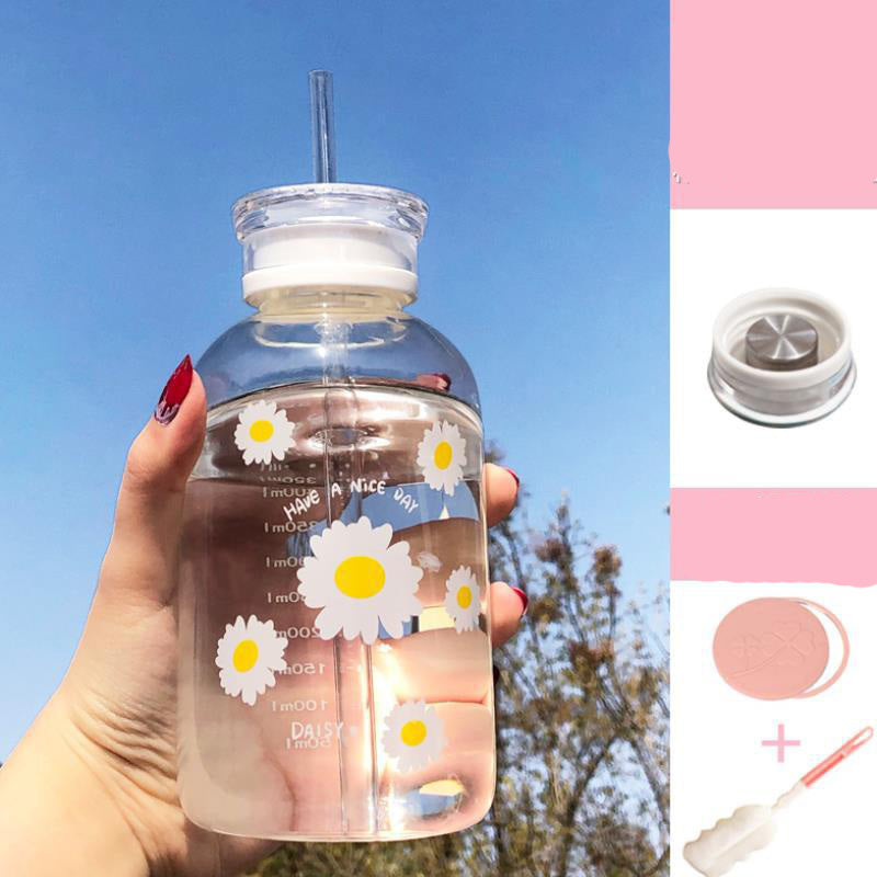 Glass Water Bottle with Straw Creative Daisy Frosted Transparent Cup Leakproof Portable Drinking Bottle with a Sealing Cap Lid