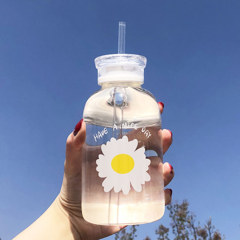 Glass Water Bottle with Straw Creative Daisy Frosted Transparent Cup Leakproof Portable Drinking Bottle with a Sealing Cap Lid