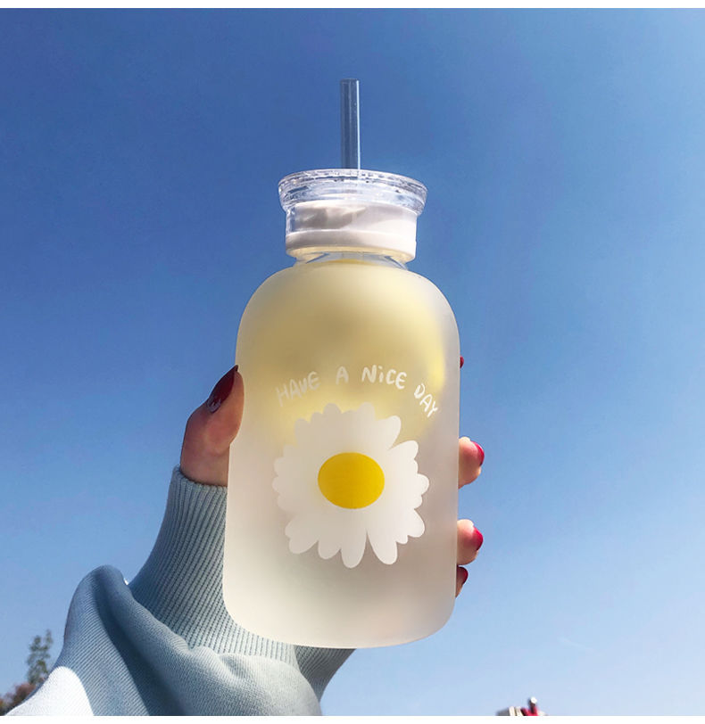 Glass Water Bottle with Straw Creative Daisy Frosted Transparent Cup Leakproof Portable Drinking Bottle with a Sealing Cap Lid