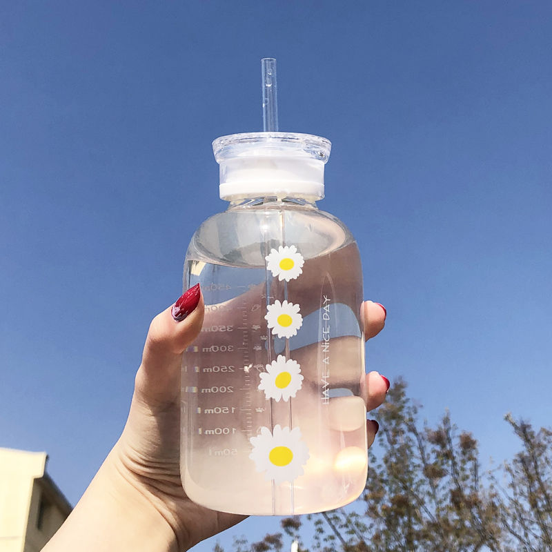 Glass Water Bottle with Straw Creative Daisy Frosted Transparent Cup Leakproof Portable Drinking Bottle with a Sealing Cap Lid