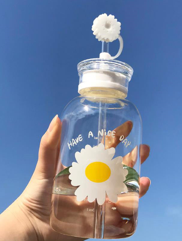 Glass Water Bottle with Straw Creative Daisy Frosted Transparent Cup Leakproof Portable Drinking Bottle with a Sealing Cap Lid