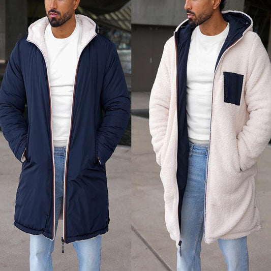 Double-sided Fall Winter Hooded Double-sided Zipper Coat Color Matching Warm Windbreaker Men's Coat