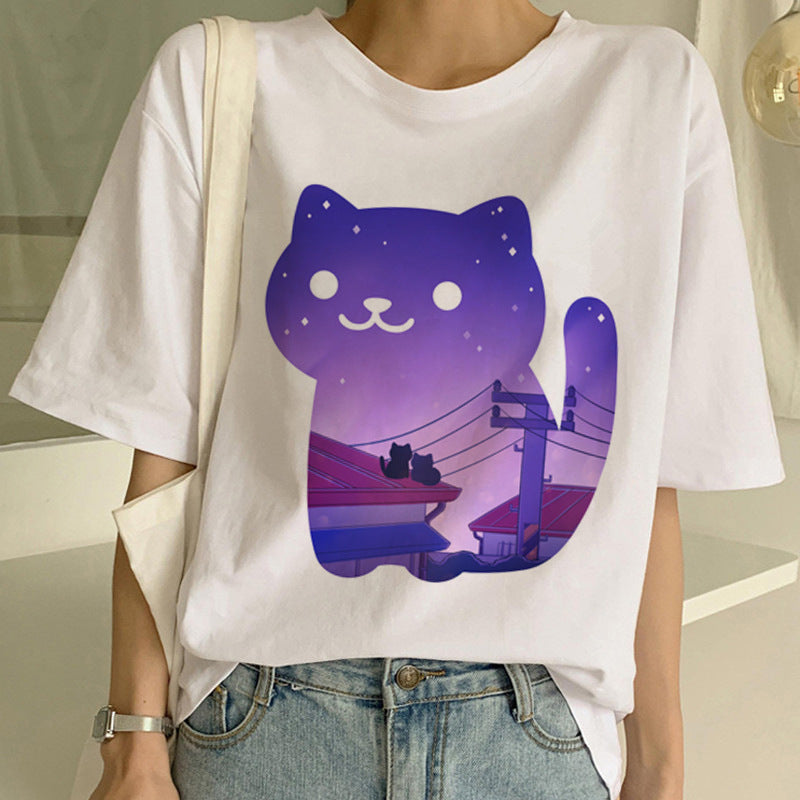 Personalized Funny Cat Print Unisex Short-sleeved T-shirt Ins Tide