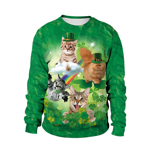 Irish Festival Theme Cute Cat Cute Pet Print Pullover Sweater