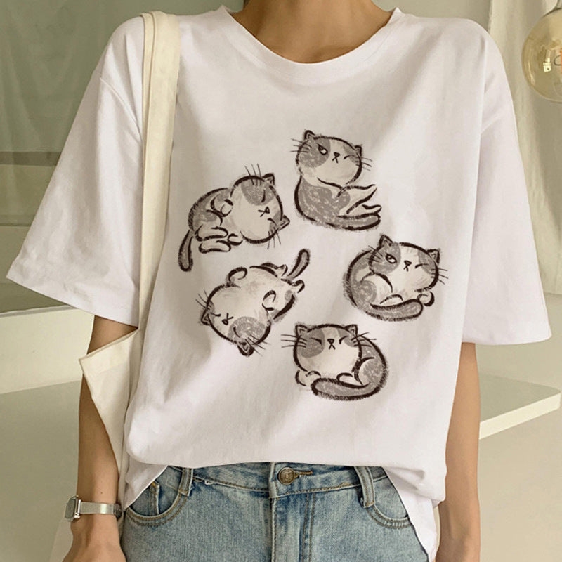 Personalized Funny Cat Print Unisex Short-sleeved T-shirt Ins Tide